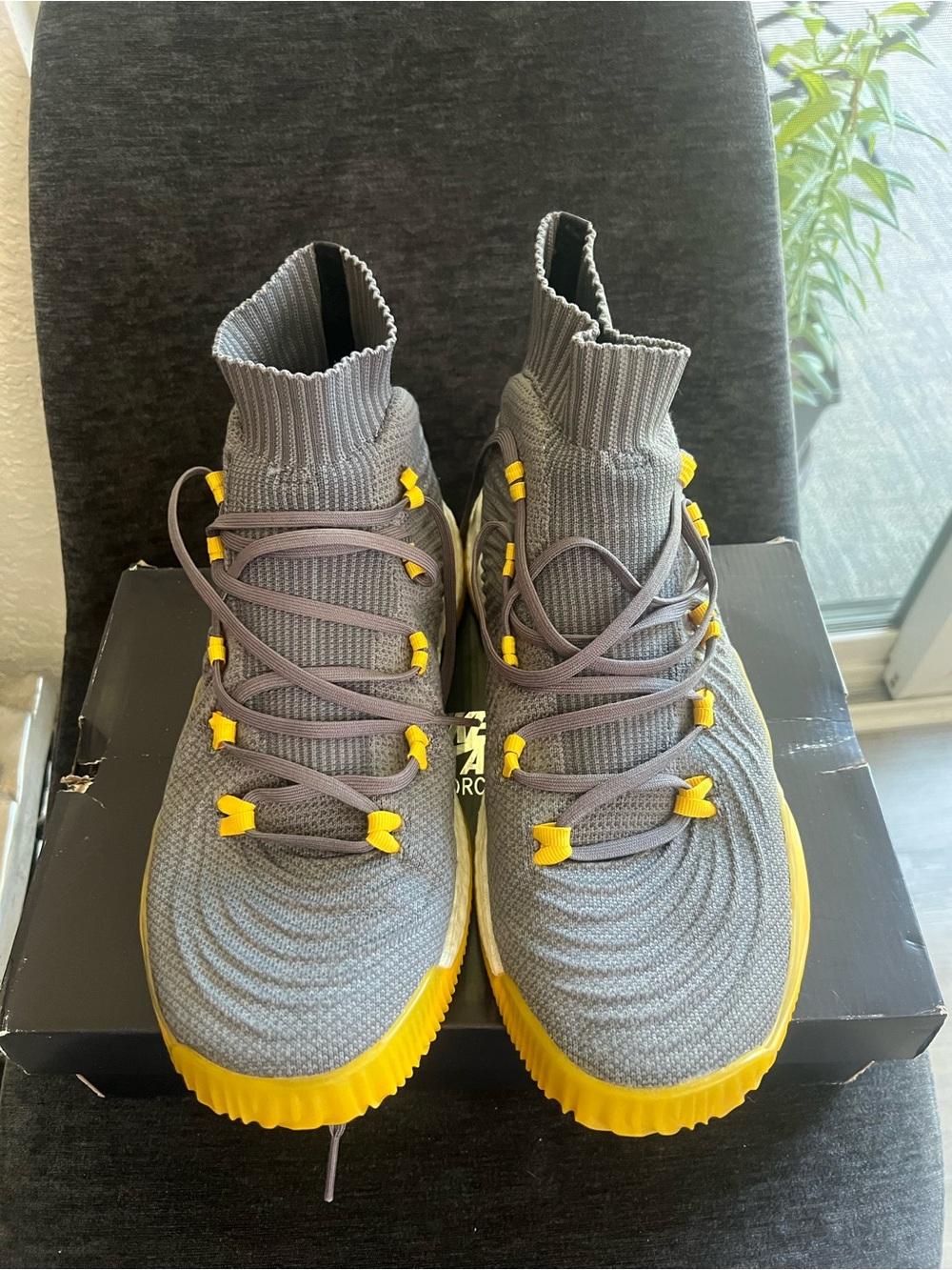 adidas Grey Knit High-Top Sneakers with Yellow Accents
